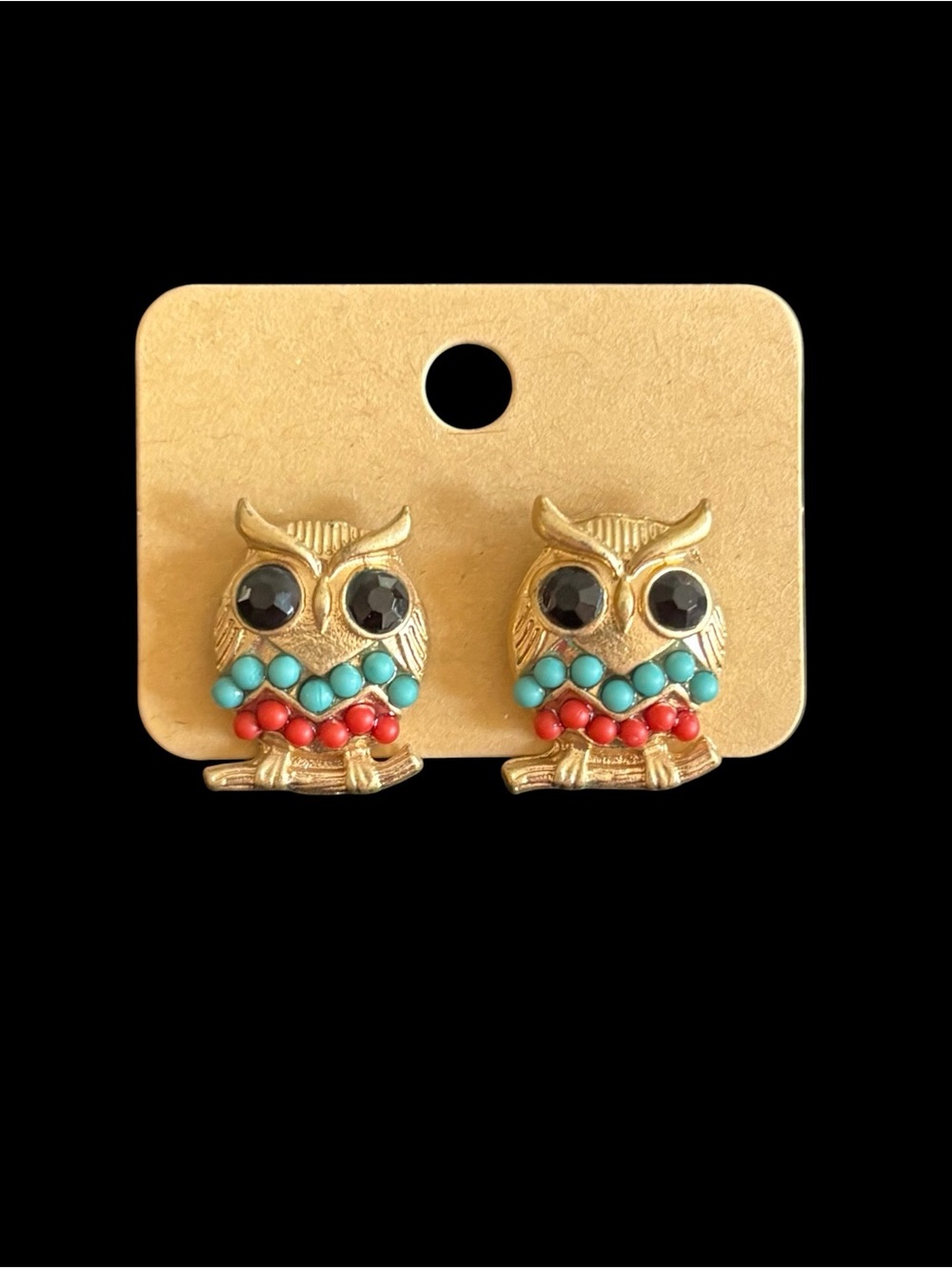 Gold-Tone Owl Stud Earrings with Chevron Faux Turquoise, Coral & Black Accents